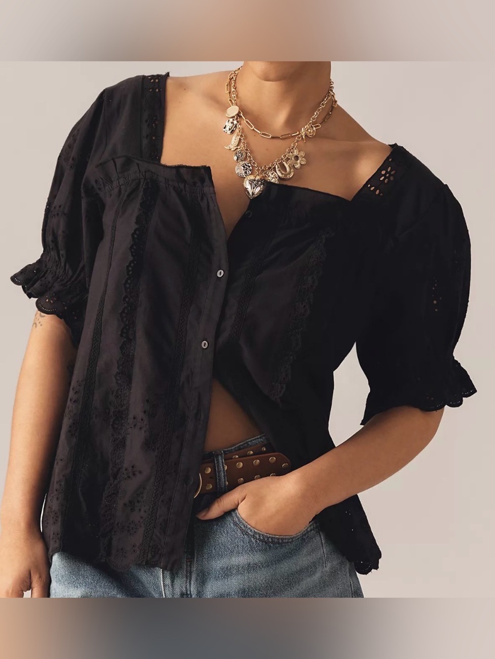 Anthropologie Puff Sleeve Eyelet Top Black Size Medium